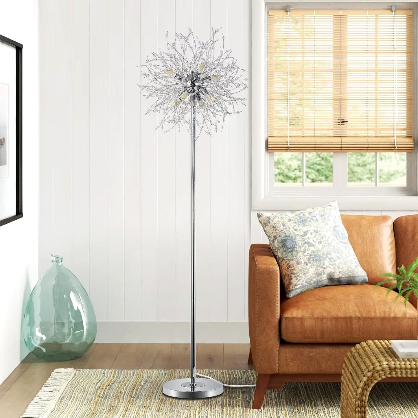 Bedroom Crystal Floor Lamp,,69 Inch High Pole Lamp,Modern Room Decorative Floor Lamp,Includes 32 Fireworks Crystal Suspenders, Chrome Finish Unavailable Platforms- Welfel