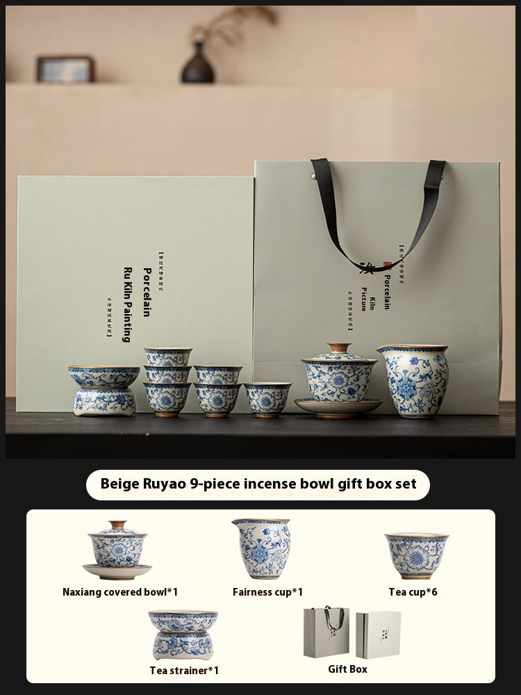 Blue And White Ru Ware San Cai Gaiwan Tea Cup Set
