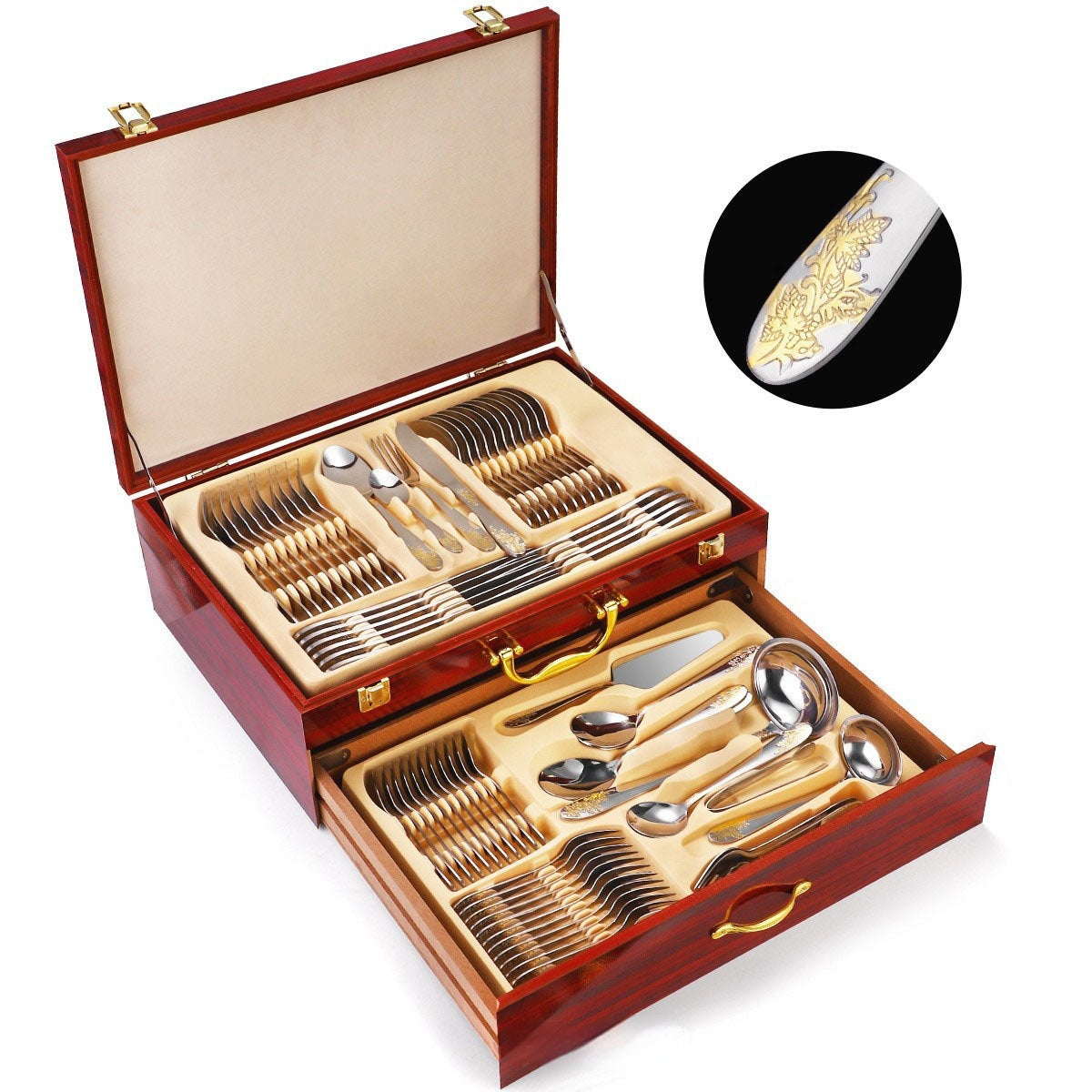 Middle East Design Stainless Steel Tableware 72-piece Double Layer Wooden Box Suit