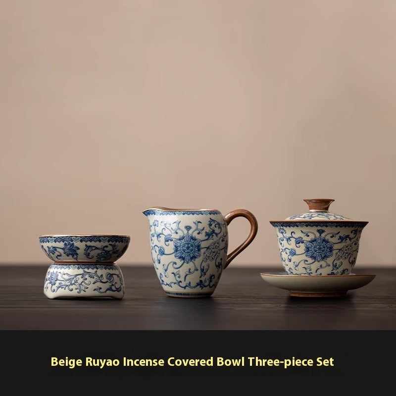 Blue And White Ru Ware San Cai Gaiwan Tea Cup Set