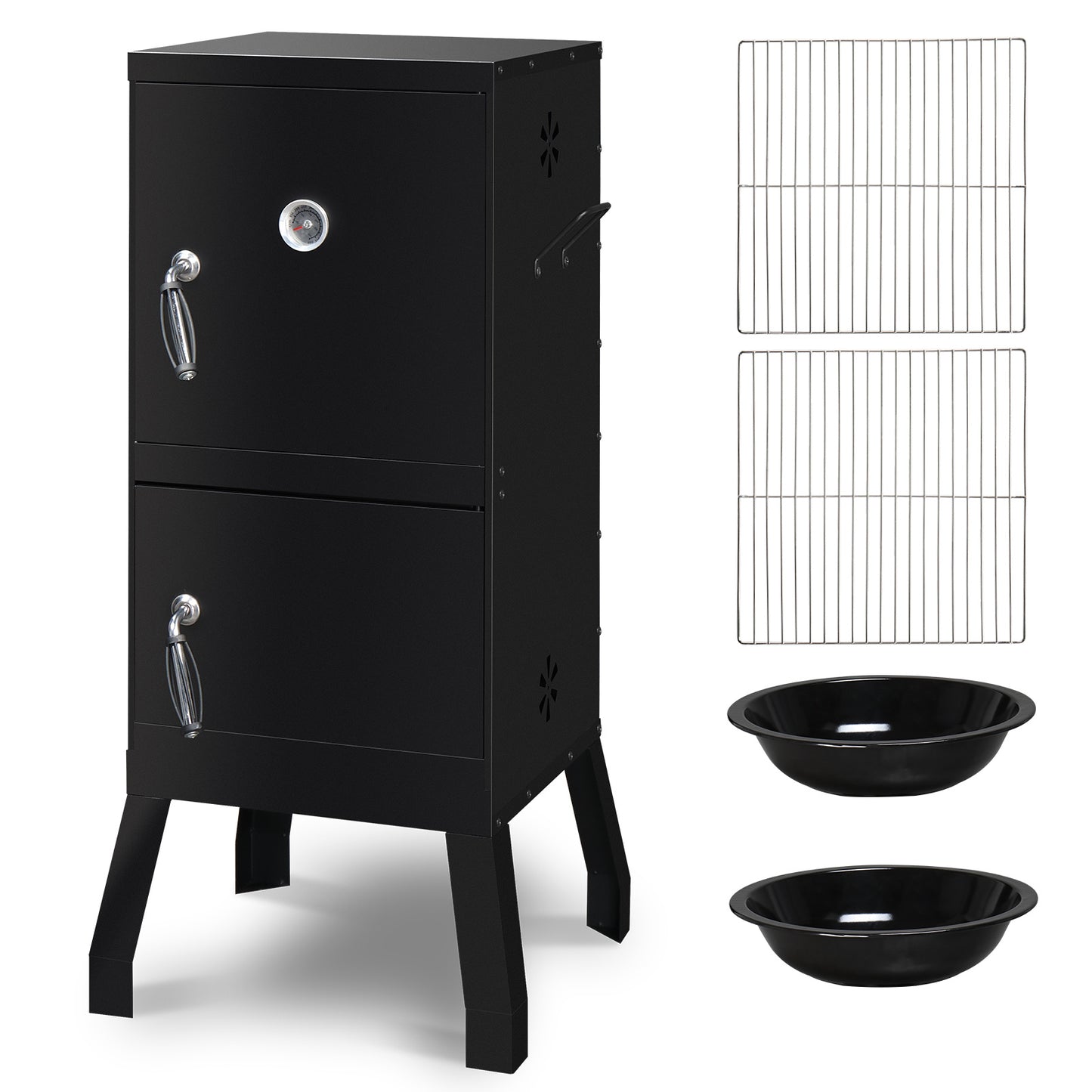 Black Double Door Smoked Vertical Iron Carbon Oven With Upper And Lower Doors