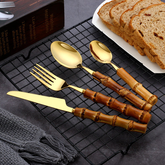 Stainless Steel Real Bamboo Handle Knife Fork And Spoon Set