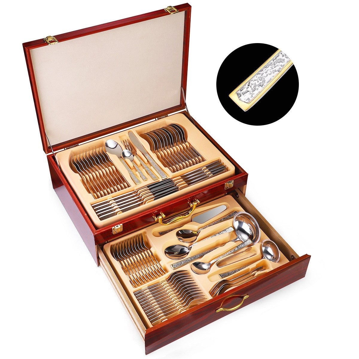 Middle East Design Stainless Steel Tableware 72-piece Double Layer Wooden Box Suit