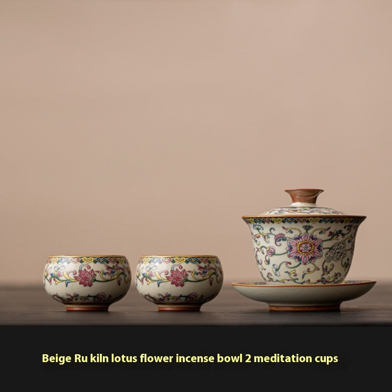 Blue And White Ru Ware San Cai Gaiwan Tea Cup Set