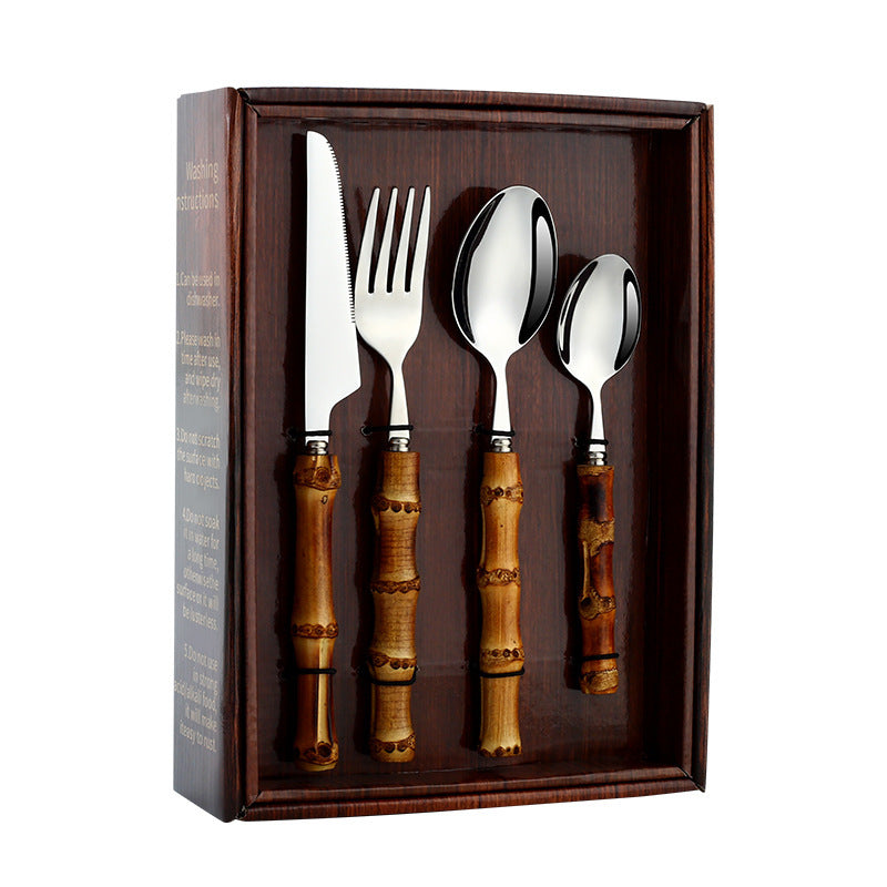 Stainless Steel Real Bamboo Handle Knife Fork And Spoon Set
