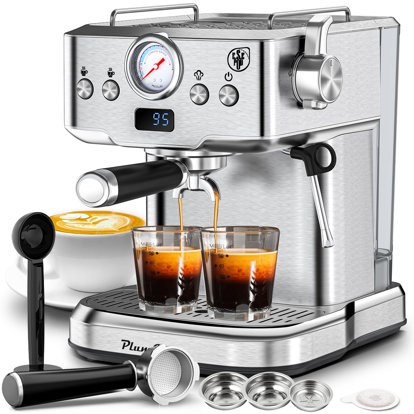 20 Bar Professional Espresso Machine With Milk Frother, Single & Double Shot, ESE Pod Compatible, Visual Display Of Pressure, Removable Water Tank For Cappuccino, Latte, Machiato For Home Barista