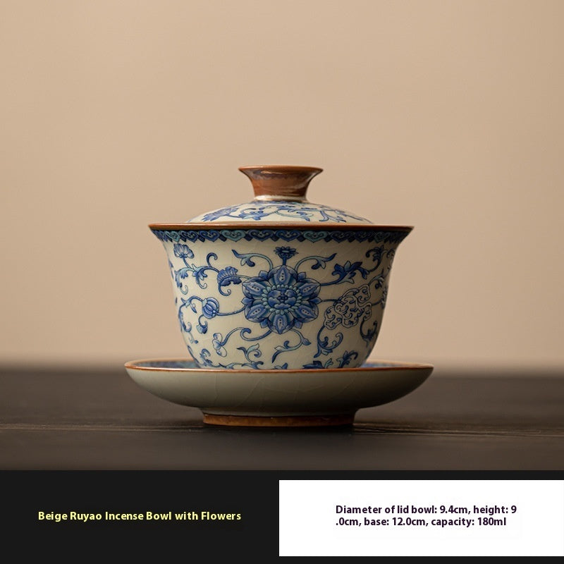 Blue And White Ru Ware San Cai Gaiwan Tea Cup Set