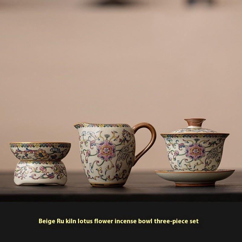 Blue And White Ru Ware San Cai Gaiwan Tea Cup Set