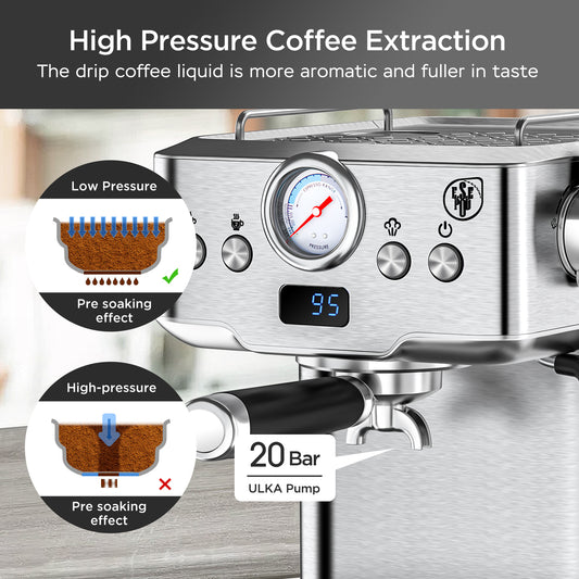 20 Bar Professional Espresso Machine With Milk Frother, Single & Double Shot, ESE Pod Compatible, Visual Display Of Pressure, Removable Water Tank For Cappuccino, Latte, Machiato For Home Barista