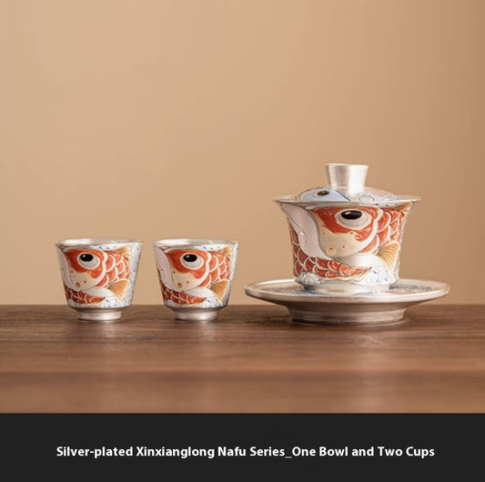 Silver Gilded Xianglong NAFU Horseshoe Lidded Bowl Tea Set
