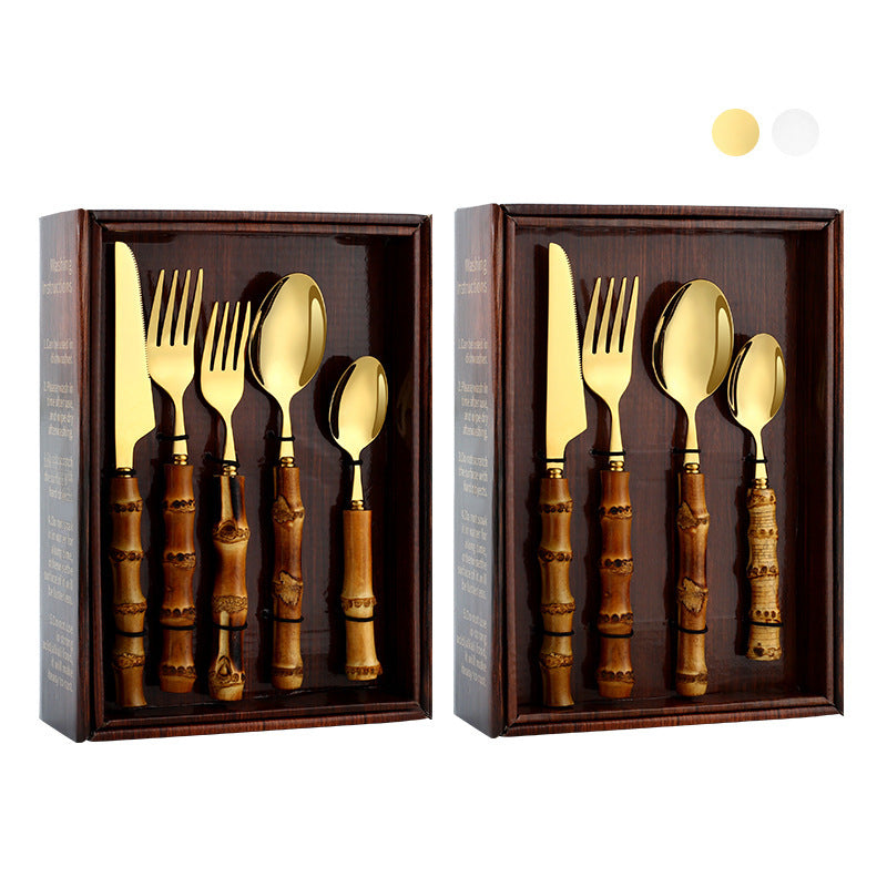 Stainless Steel Real Bamboo Handle Knife Fork And Spoon Set