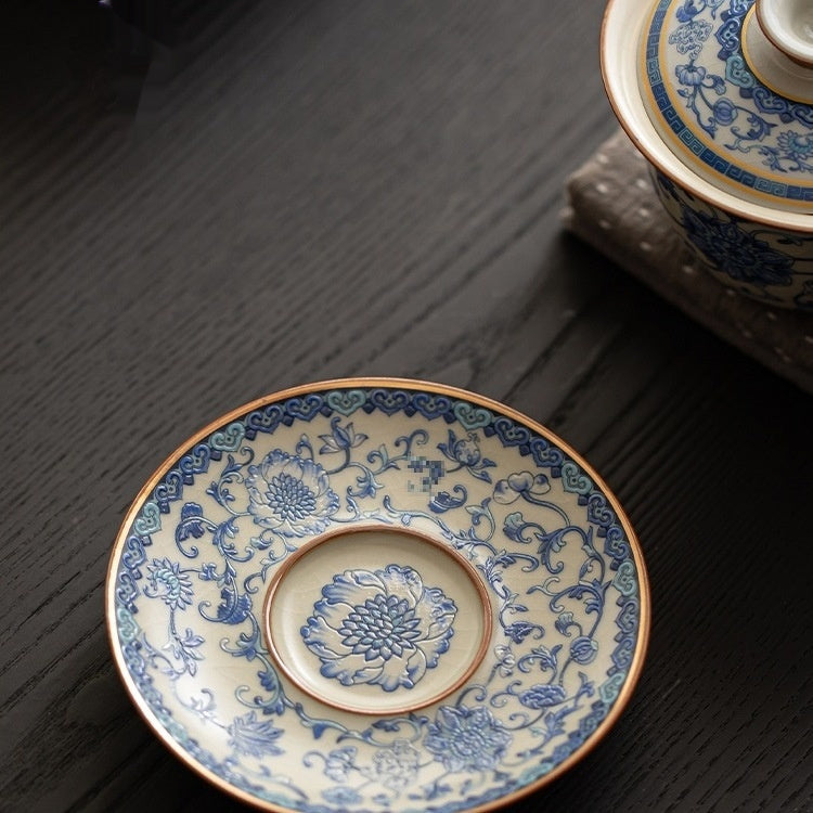 Blue And White Ru Ware San Cai Gaiwan Tea Cup Set