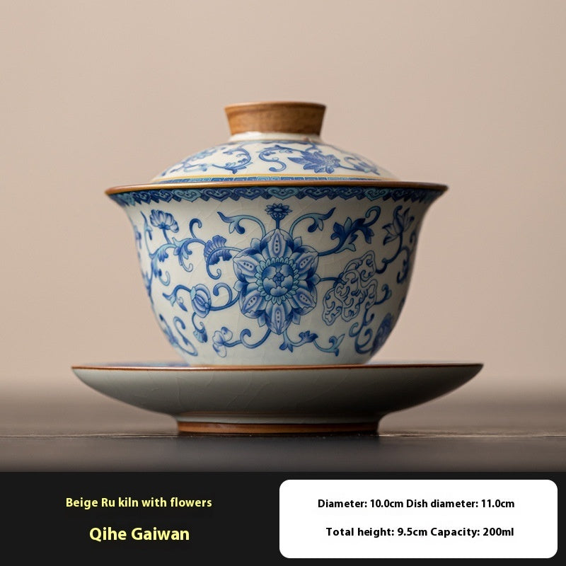Blue And White Ru Ware San Cai Gaiwan Tea Cup Set