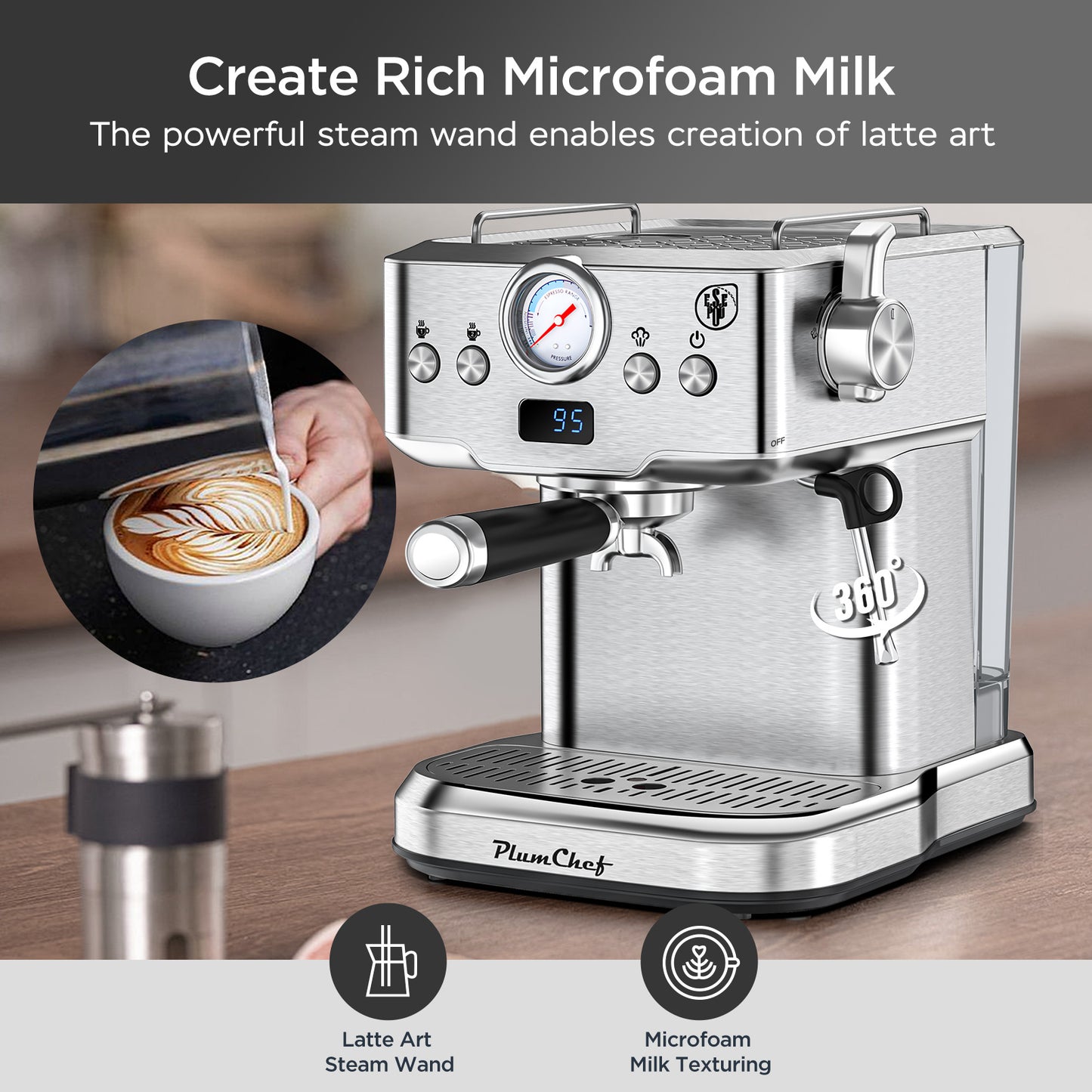 20 Bar Professional Espresso Machine With Milk Frother, Single & Double Shot, ESE Pod Compatible, Visual Display Of Pressure, Removable Water Tank For Cappuccino, Latte, Machiato For Home Barista