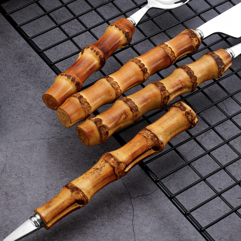 Stainless Steel Real Bamboo Handle Knife Fork And Spoon Set