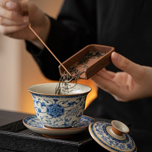Blue And White Ru Ware San Cai Gaiwan Tea Cup Set