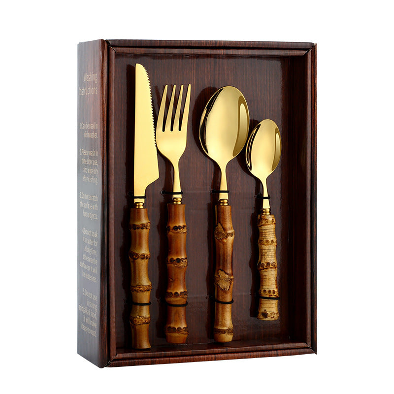 Stainless Steel Real Bamboo Handle Knife Fork And Spoon Set