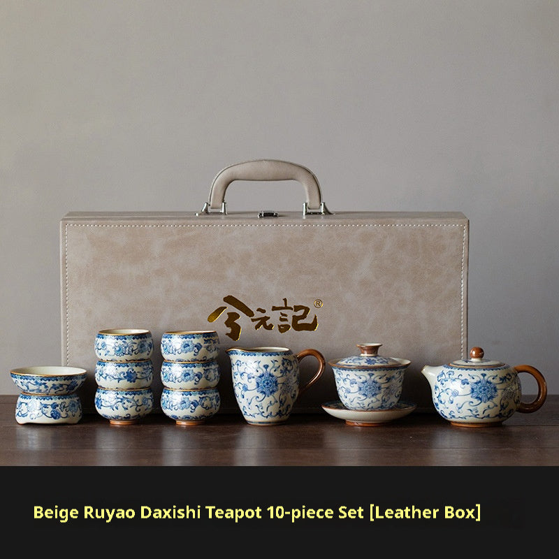 Blue And White Ru Ware San Cai Gaiwan Tea Cup Set