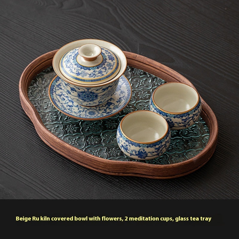 Blue And White Ru Ware San Cai Gaiwan Tea Cup Set
