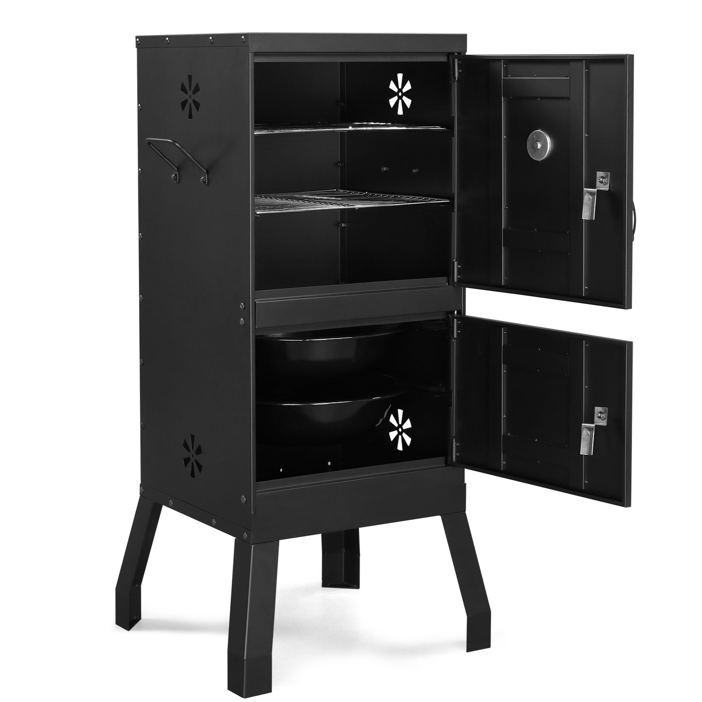 Black Double Door Smoked Vertical Iron Carbon Oven With Upper And Lower Doors