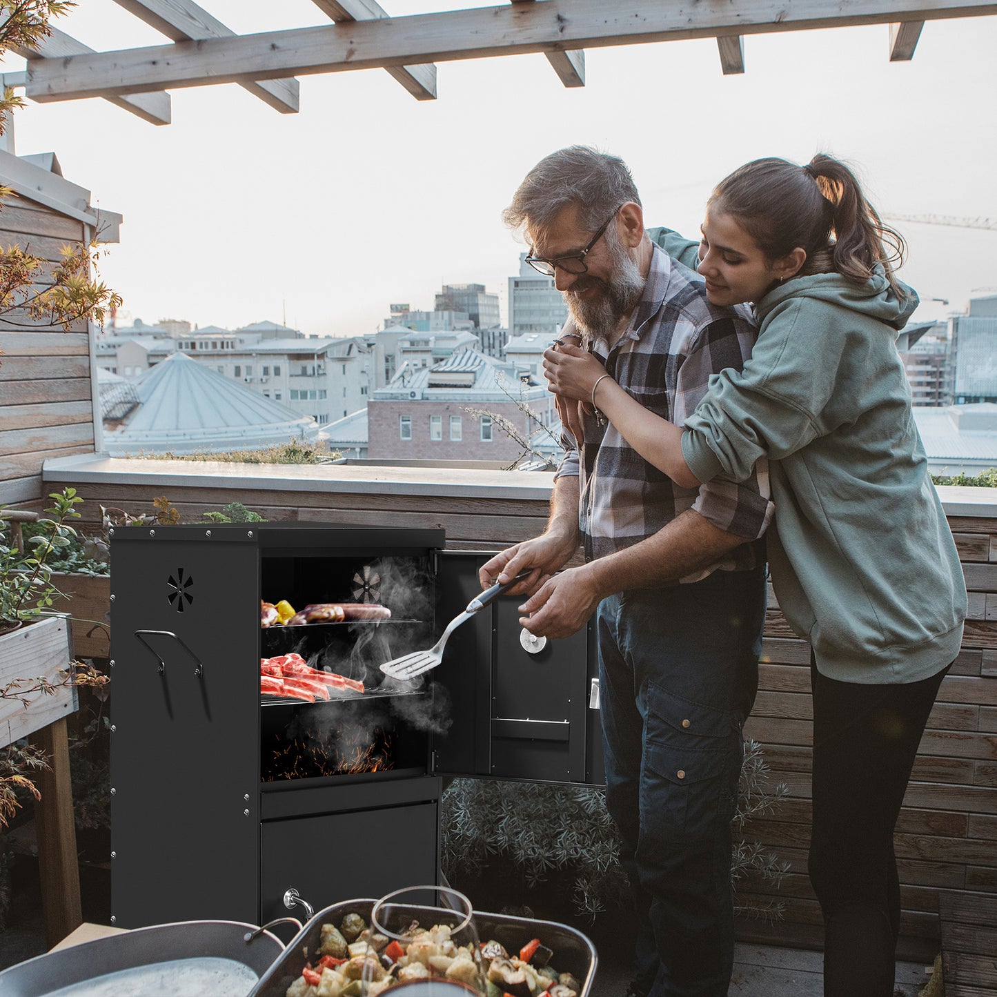Black Double Door Smoked Vertical Iron Carbon Oven With Upper And Lower Doors