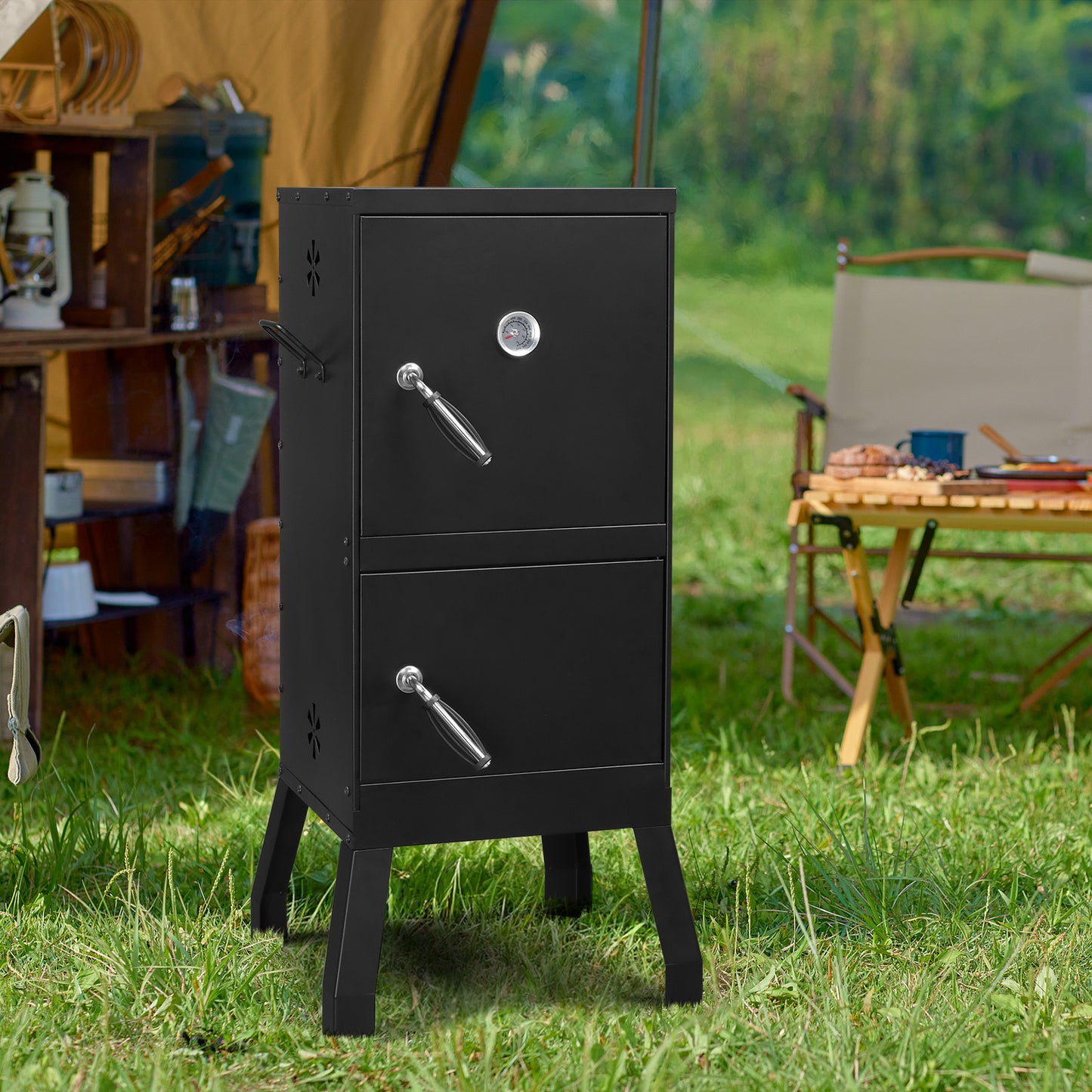 Black Double Door Smoked Vertical Iron Carbon Oven With Upper And Lower Doors