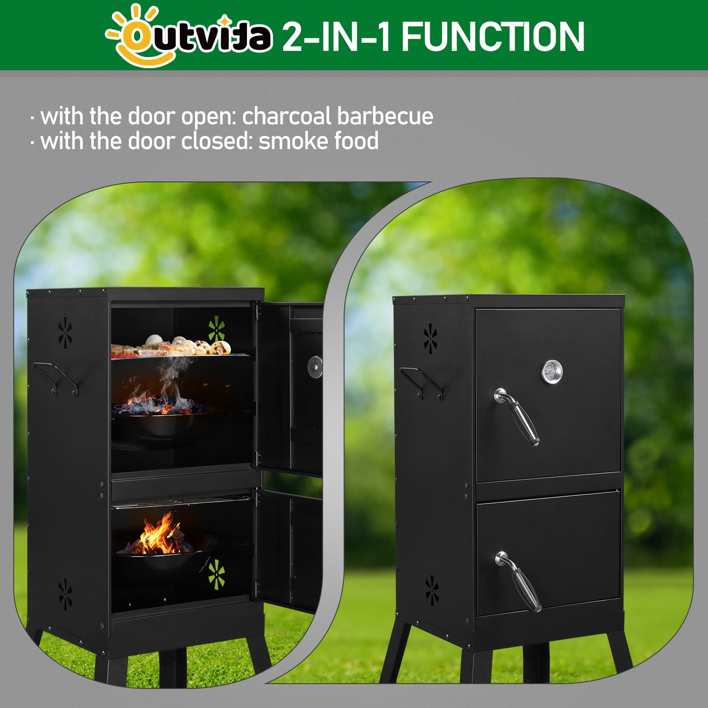 Black Double Door Smoked Vertical Iron Carbon Oven With Upper And Lower Doors