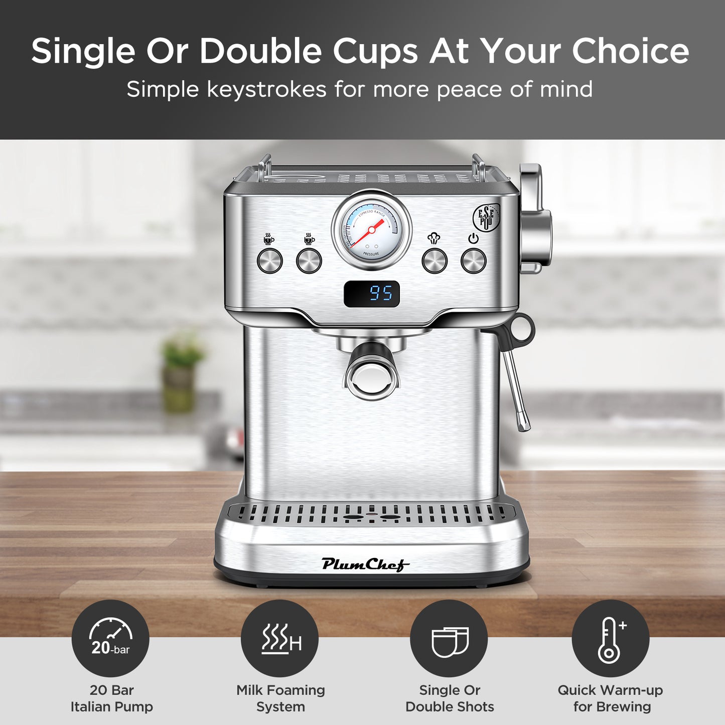 20 Bar Professional Espresso Machine With Milk Frother, Single & Double Shot, ESE Pod Compatible, Visual Display Of Pressure, Removable Water Tank For Cappuccino, Latte, Machiato For Home Barista