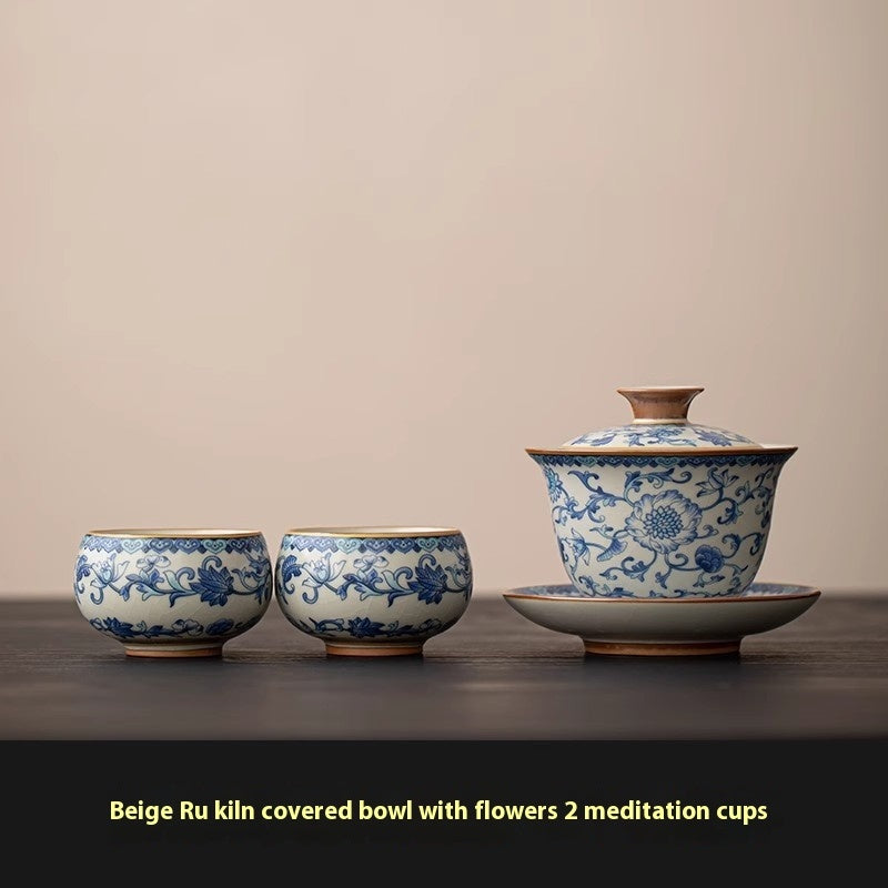 Blue And White Ru Ware San Cai Gaiwan Tea Cup Set