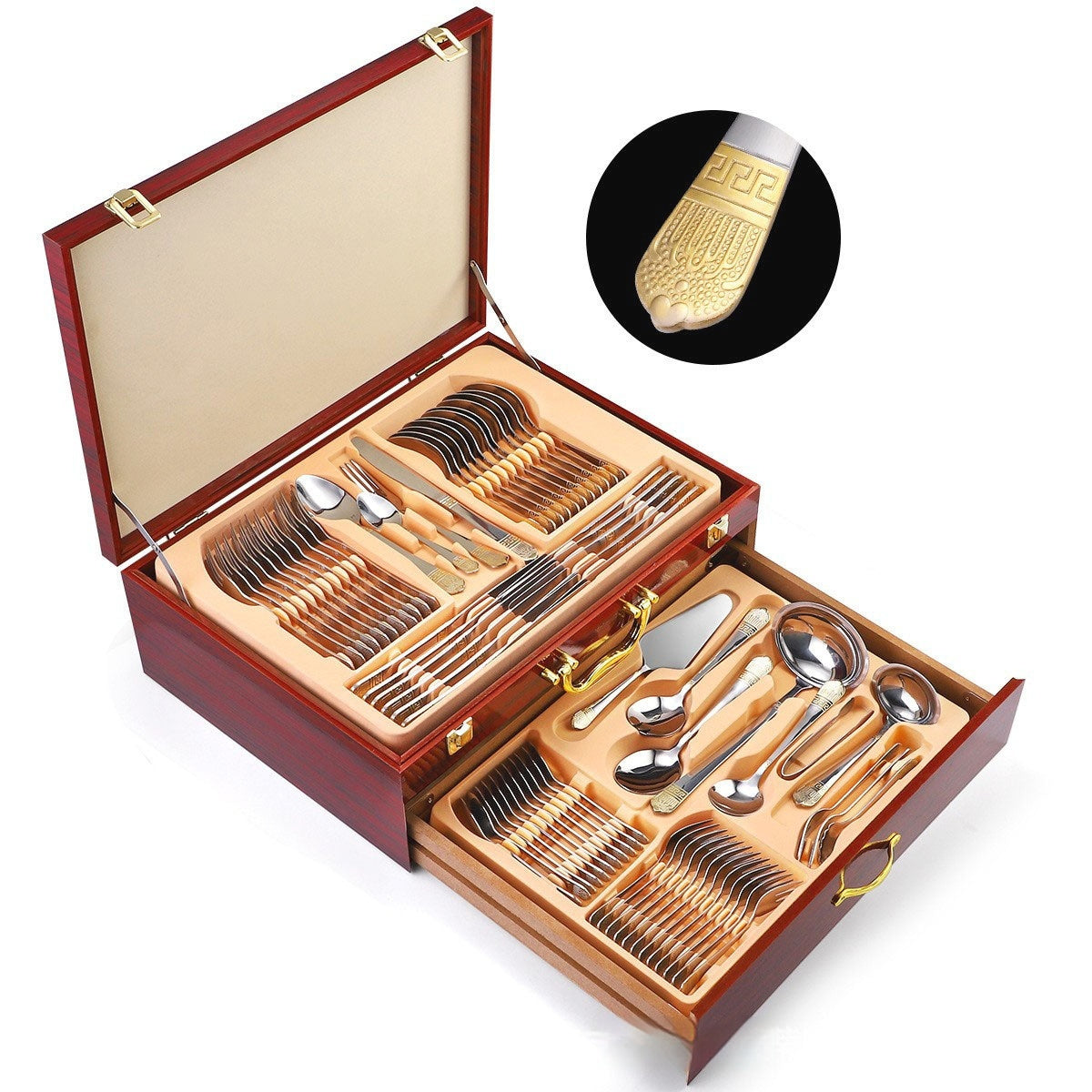 Middle East Design Stainless Steel Tableware 72-piece Double Layer Wooden Box Suit
