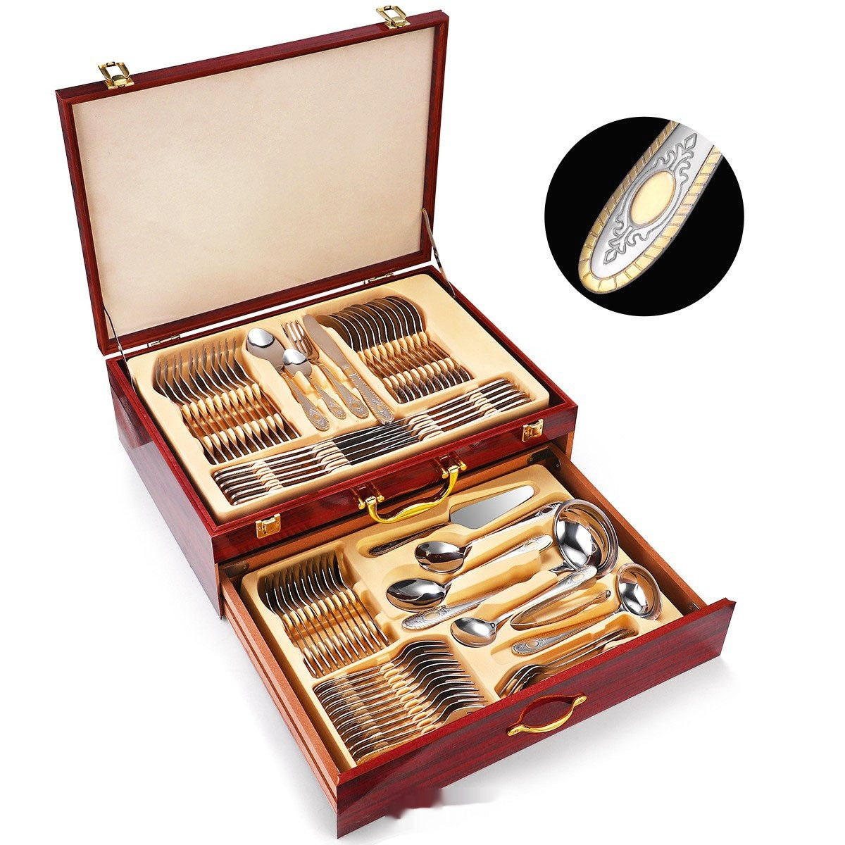 Middle East Design Stainless Steel Tableware 72-piece Double Layer Wooden Box Suit