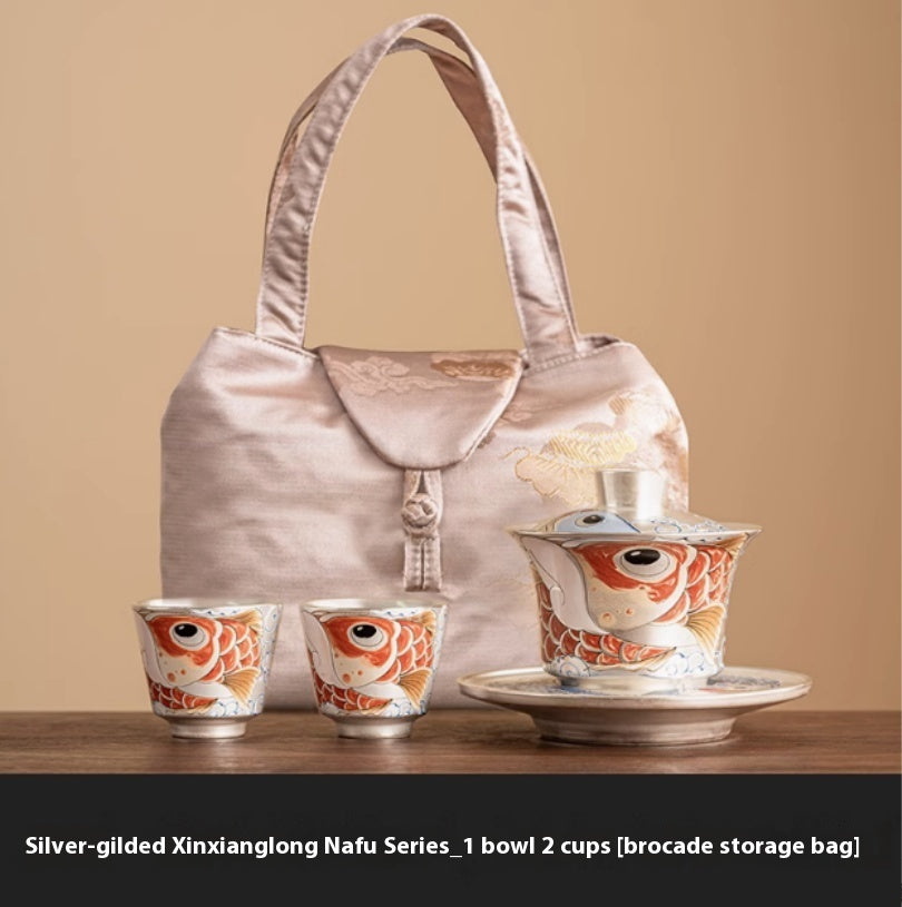 Silver Gilded Xianglong NAFU Horseshoe Lidded Bowl Tea Set
