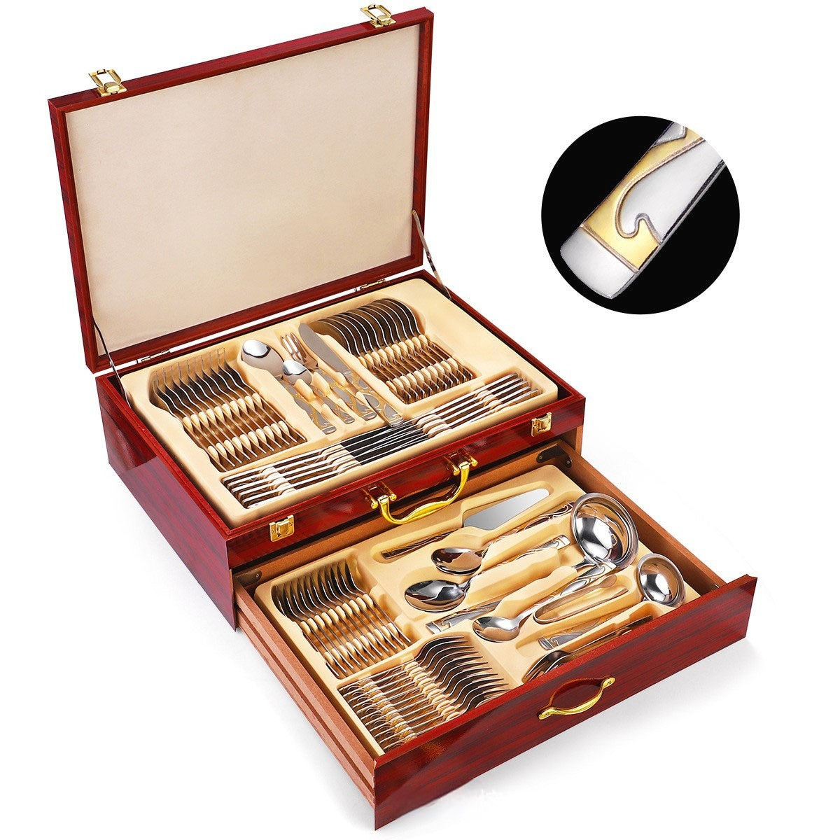 Middle East Design Stainless Steel Tableware 72-piece Double Layer Wooden Box Suit