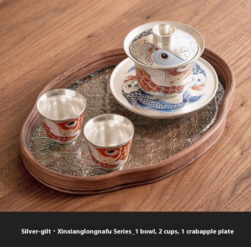 Silver Gilded Xianglong NAFU Horseshoe Lidded Bowl Tea Set