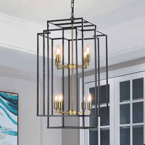 8 Lights Black & Gold Lantern Tiered Chandelier, Industrial Farmhouse Chandelier - No Bulbs Unavailable Platform- Temu