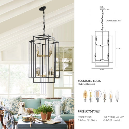 8 Lights Black & Gold Lantern Tiered Chandelier, Industrial Farmhouse Chandelier - No Bulbs Unavailable Platform- Temu