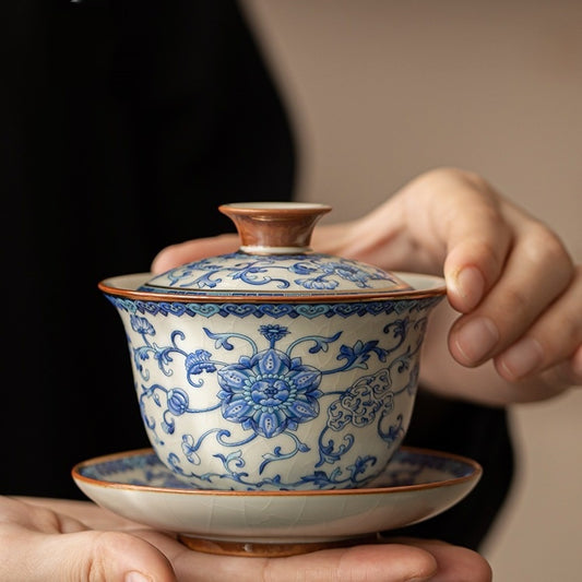 Blue And White Ru Ware San Cai Gaiwan Tea Cup Set