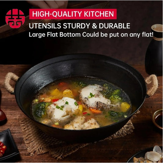 WANGYUANJI 14.2 Handmade Wok, Cast Iron Wok Pan, Large Flat Bottom Wok Stir With Dual Handle And Wooden Lid, Suitable For All Cooktops, Uncoated Chinese Traditional Wok, Ban Sale On Amazon