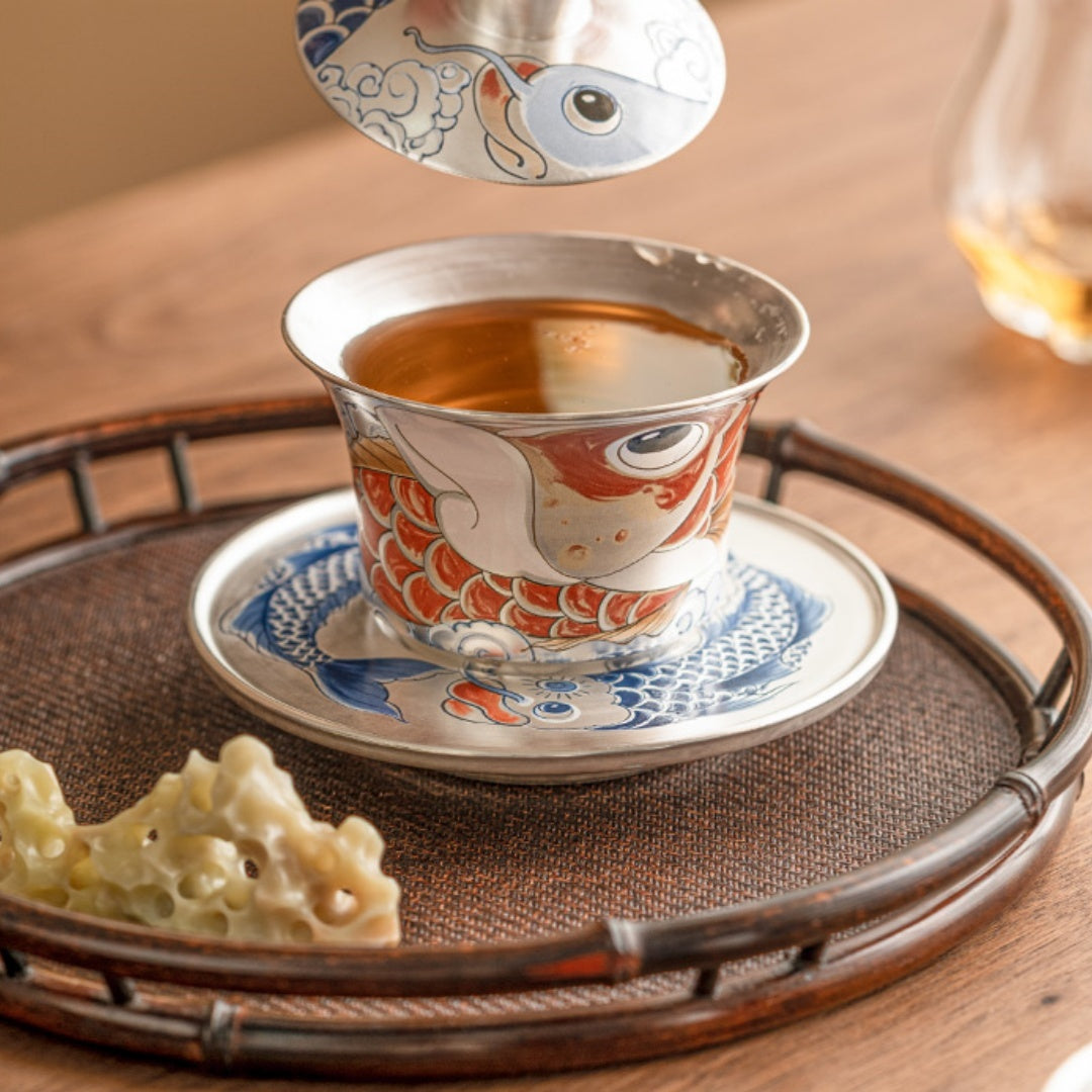 Silver Gilded Xianglong NAFU Horseshoe Lidded Bowl Tea Set