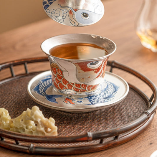 Silver Gilded Xianglong NAFU Horseshoe Lidded Bowl Tea Set