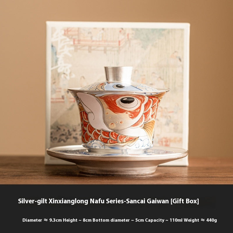 Silver Gilded Xianglong NAFU Horseshoe Lidded Bowl Tea Set