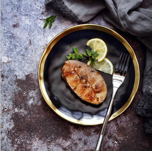 European Ceramic Gold Disc Creative Dish Western-style Food Steak Salad Household Tableware Flat Round Fruit