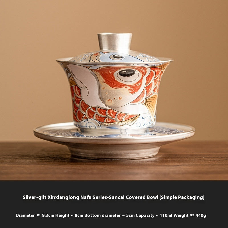 Silver Gilded Xianglong NAFU Horseshoe Lidded Bowl Tea Set