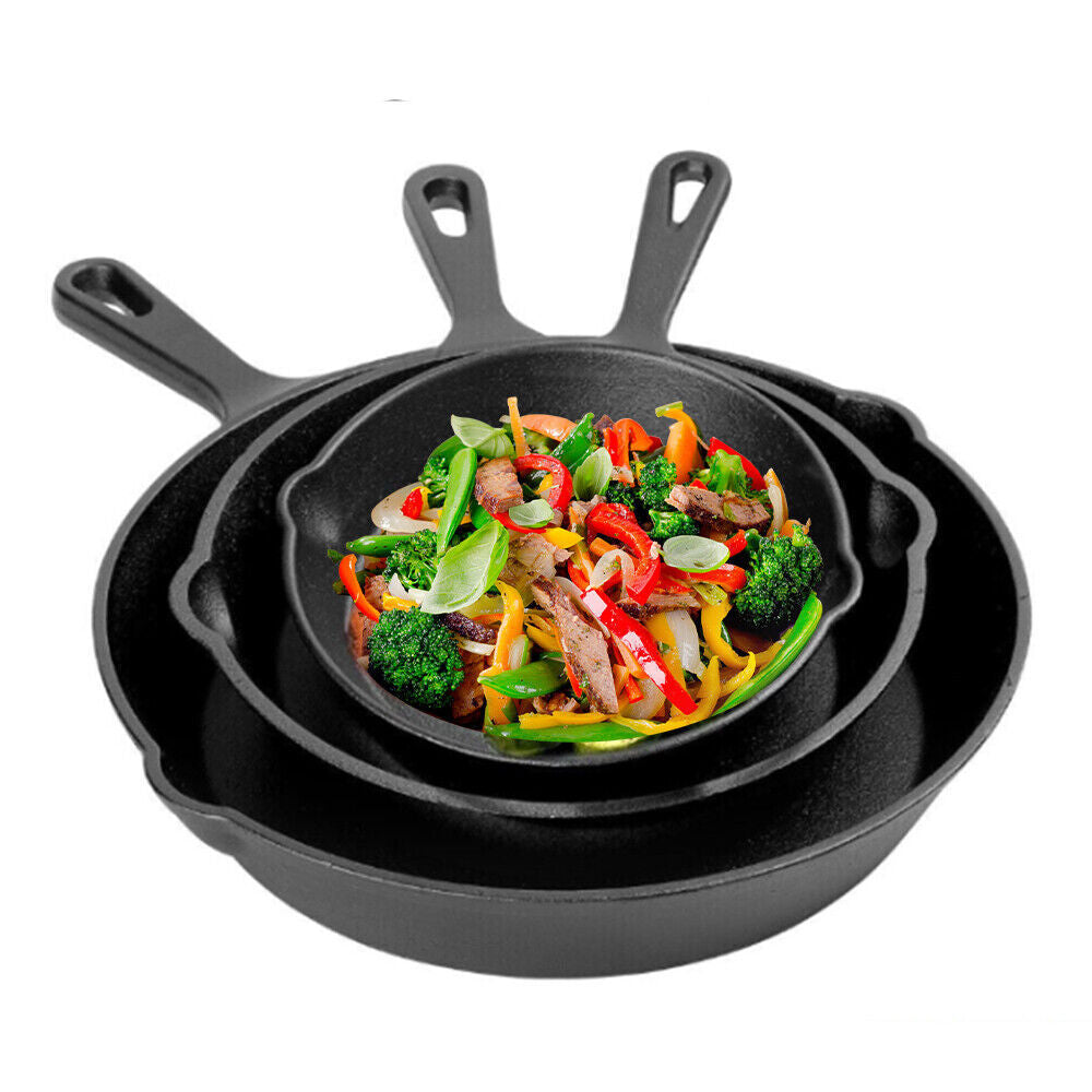 Set Of 3 Cast Iron Non Stick Skillet Griddle Cooking Pan Pre-Seasoned Frying Pan