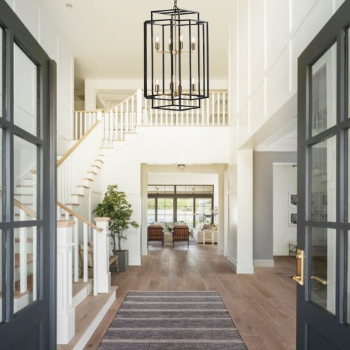 8 Lights Black & Gold Lantern Tiered Chandelier, Industrial Farmhouse Chandelier - No Bulbs Unavailable Platform- Temu