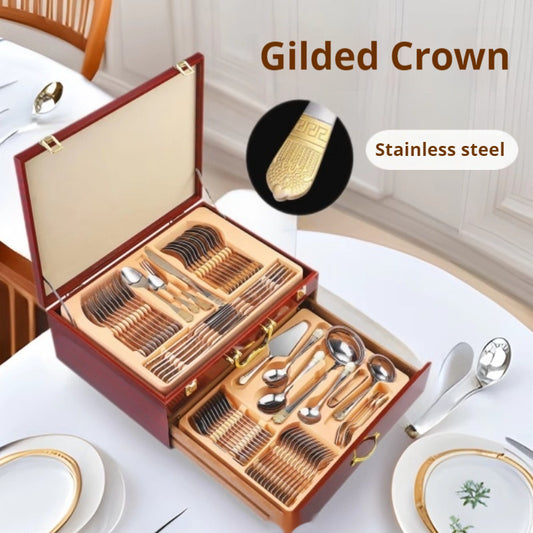 Middle East Design Stainless Steel Tableware 72-piece Double Layer Wooden Box Suit