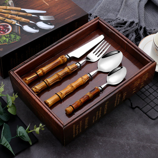 Stainless Steel Real Bamboo Handle Knife Fork And Spoon Set