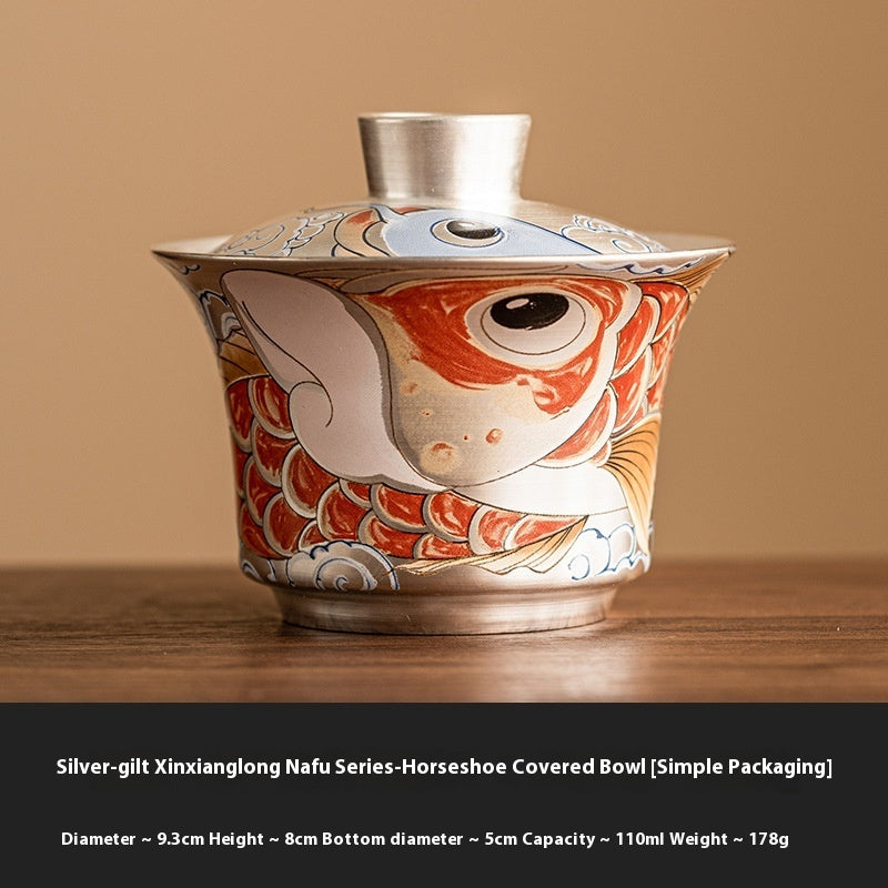 Silver Gilded Xianglong NAFU Horseshoe Lidded Bowl Tea Set