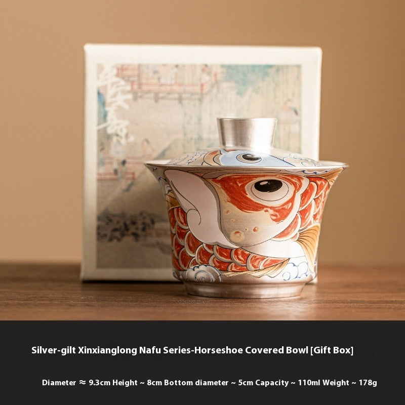 Silver Gilded Xianglong NAFU Horseshoe Lidded Bowl Tea Set