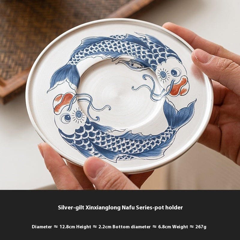 Silver Gilded Xianglong NAFU Horseshoe Lidded Bowl Tea Set